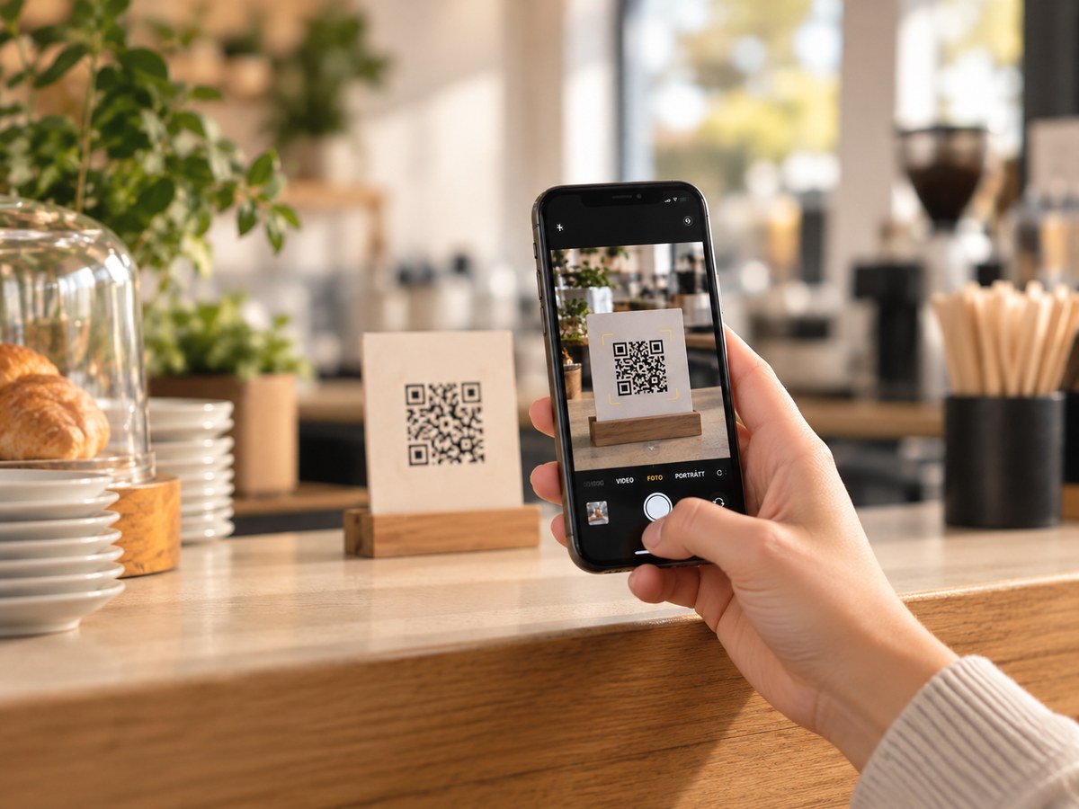 Kund scannar QR-koden på ett litet kort i kassan med mobilen