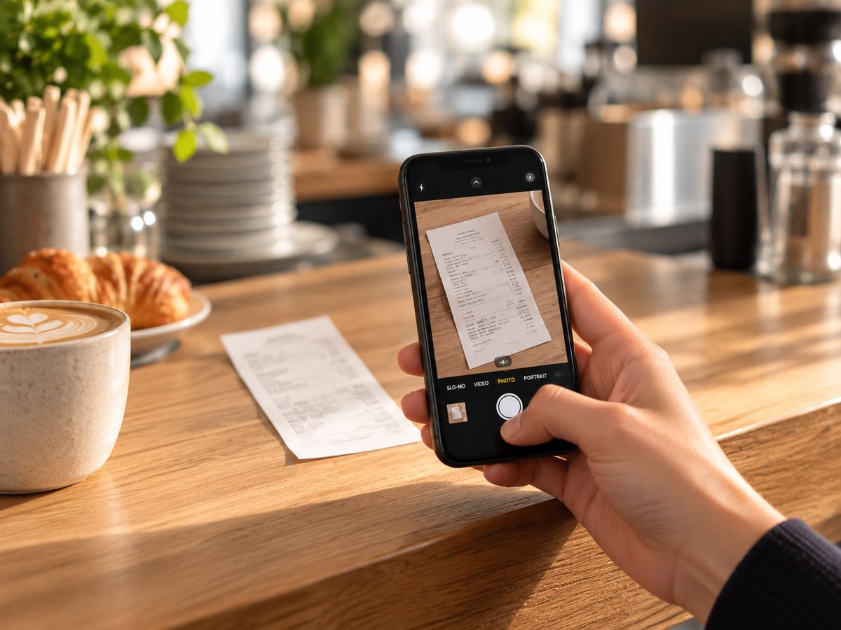 Kund fotar kvittot på disken i cafét med mobilen